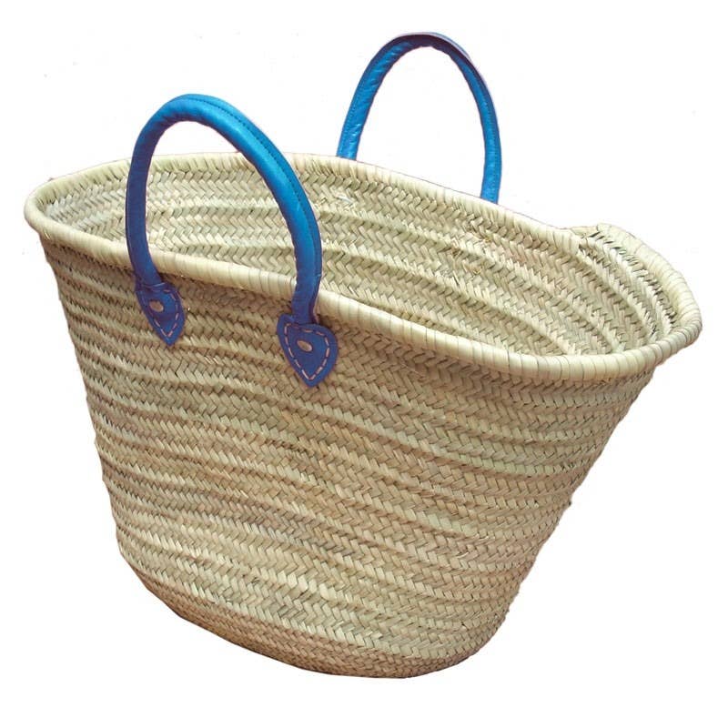 Straw Tote Bag with Blue Leather Handles