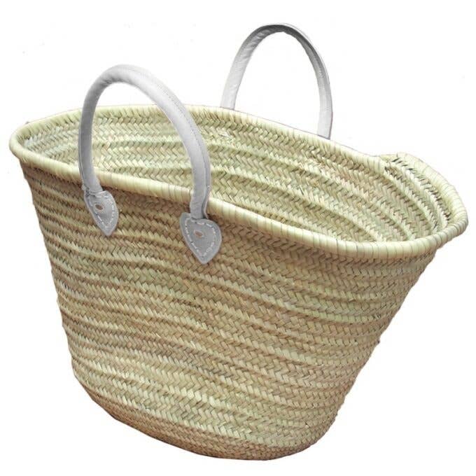 Straw Tote Bag with White Leather Handles