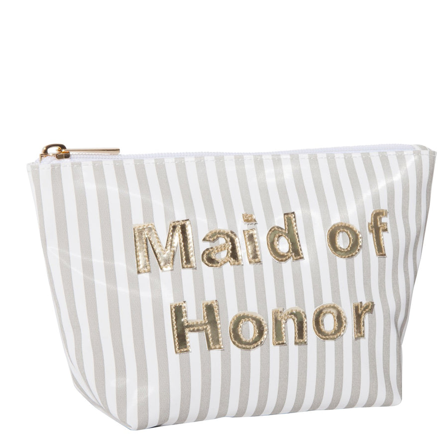 Medium Avery in wide gray stripes with shiny gold maid of honor