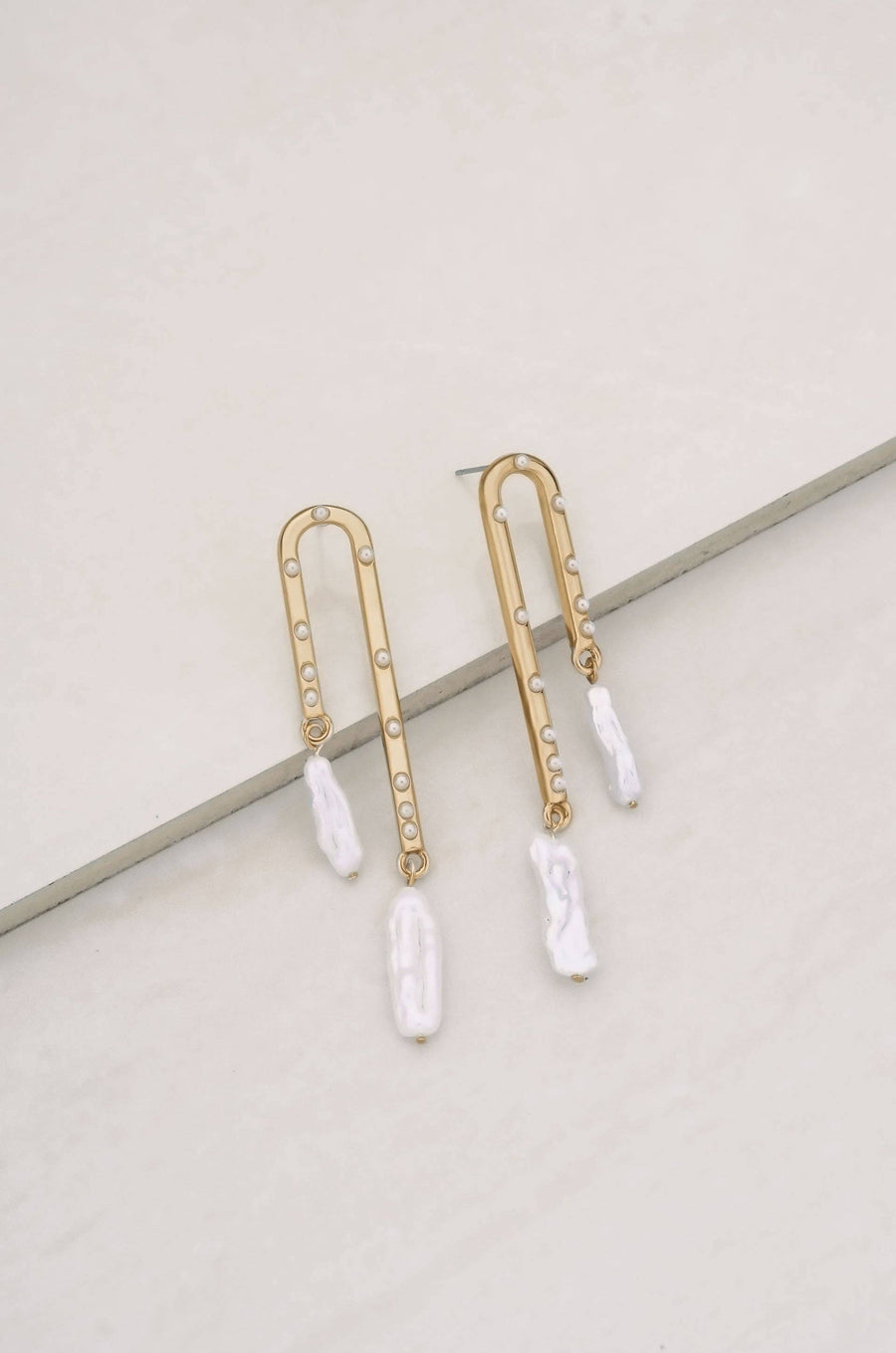Asymmetrical Pearl Dangle 18k Gold Plated Earrings