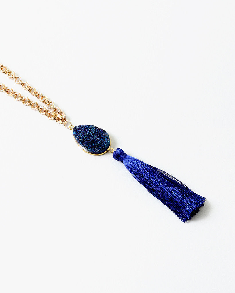 Tassel and Druzy Stone on Long Chain